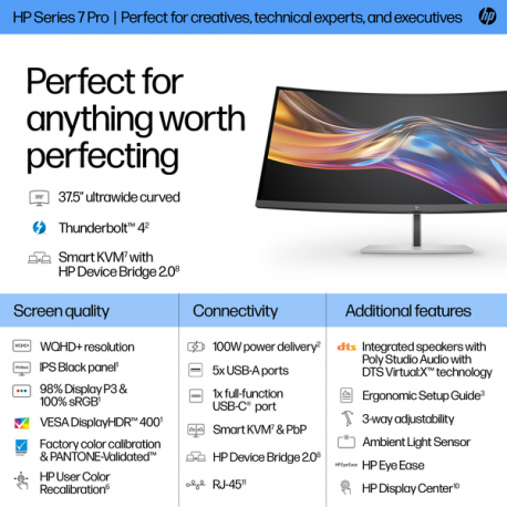 HP 738pu - Series 7 Pro - LED monitor - curved - 38" (37.52" viewable) - 3840 x 1600 WQHD+ @ 60 Hz - IPS Black - 400 cd/m² - 2000:1 - DisplayHDR 400 - 5 ms - Thunderbolt 4, HDMI, DisplayPort, USB-C - speakers - black, silver - 10
