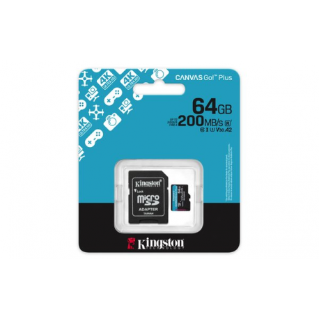 Kingston Canvas Go! Plus - Flash memory card (microSDXC to SD adapter included) - 64 GB - A2  /  Video Class V30  /  UHS-I U3  /  Class10 - microSDXC UHS-I - 3