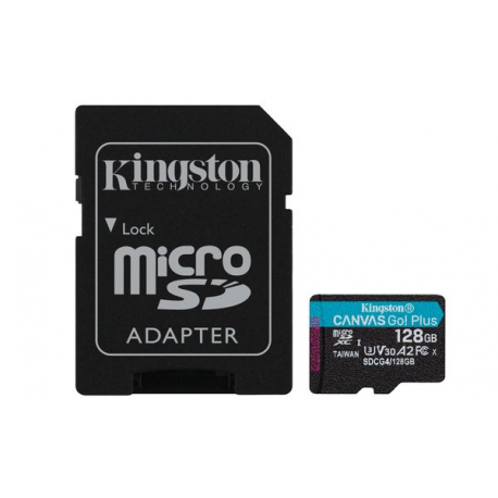 Kingston Canvas Go! Plus - Flash memory card (microSDXC to SD adapter included) - 128 GB - A2 / Video Class V30 / UHS-I U3 / Class10 - microSDXC UHS-I - 0