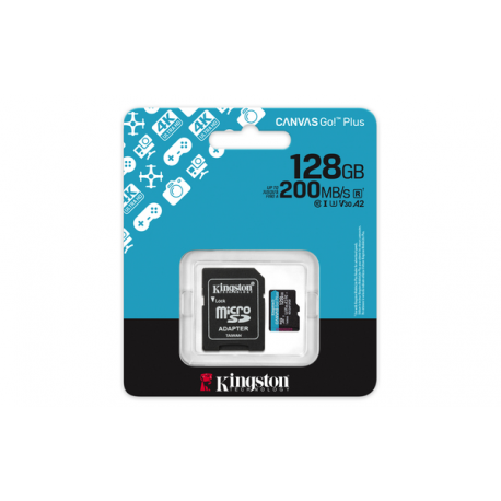 Kingston Canvas Go! Plus - Flash memory card (microSDXC to SD adapter included) - 128 GB - A2 / Video Class V30 / UHS-I U3 / Class10 - microSDXC UHS-I - 5