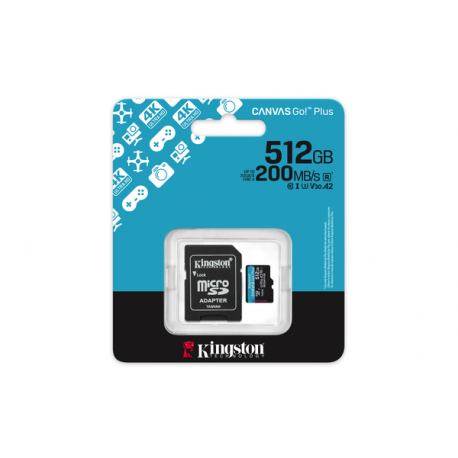 Kingston Canvas Go! Plus - Flash memory card (microSDXC to SD adapter included) - 512 GB - A2  /  Video Class V30  /  UHS-I U3  /  Class10 - microSDXC UHS-I - 6