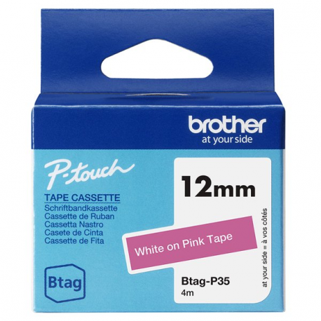 Brother BTAG-P35 - White on pink - Roll (1.2 cm x 4 m) 1 cassette(s) hanging box - label tape - for P-Touch PT-N10, PT-N20, PT-N25BT - 0