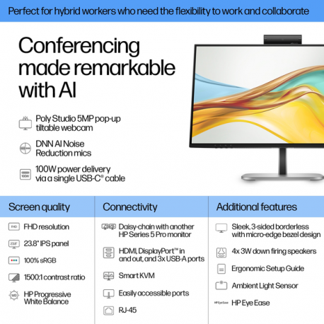 HP 524pm - Series 5 Pro - LED monitor - 24" (23.8" viewable) - 1920 x 1080 Full HD (1080p) @ 100 Hz - IPS - 350 cd/m² - 1500:1 - 5 ms - HDMI, DisplayPort, USB-C - jet black, natural silver (stand) - Smart Buy - 9