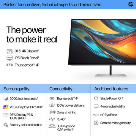 HP 732pk - Series 7 Pro - LED monitor - 32" (31.5" viewable) - 3840 x 2160 4K @ 60 Hz - IPS Black - 400 cd / m² - 2000:1 - HDR400 - 5 ms - Thunderbolt 4, HDMI, DisplayPort - black, silver - 11