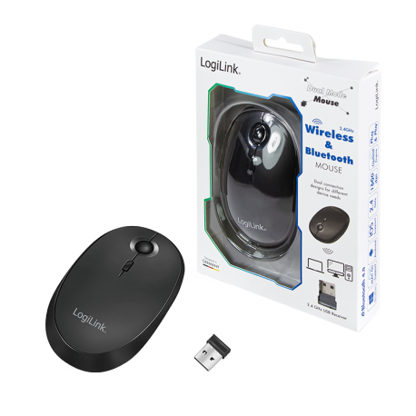 LogiLink - Mouse - optical - wireless - 2.4 GHz, Bluetooth 4.0 - USB wireless receiver - black - 8