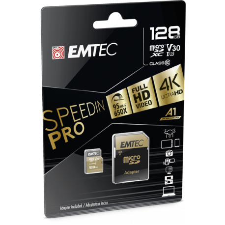 EMTEC SpeedIN' PRO - Flash memory card (microSDHC to SD adapter included) - 128 GB - Video Class V30  /  UHS-I U3  /  Class10 - microSDXC UHS-I - 1