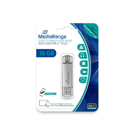 MediaRange combo - USB flash drive - 16 GB - USB 3.1 / USB-C - silver - 0