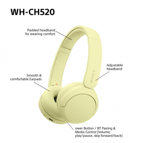 Sony WH-CH520 - Headphones with mic - on-ear - Bluetooth - wireless - yellow - 1