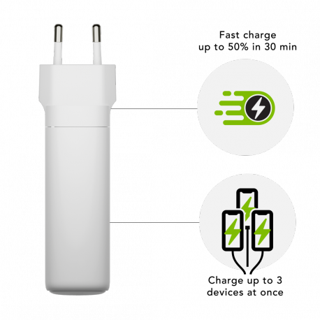 dbramante1928 re-charge - Power adapter - 140 Watt - Power Delivery 3.1 - 3 output connectors (24 pin USB-C, USB) - white - Europe - 3