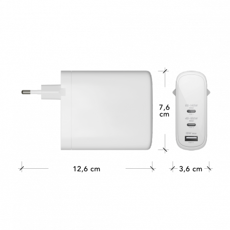 dbramante1928 re-charge - Power adapter - 140 Watt - Power Delivery 3.1 - 3 output connectors (24 pin USB-C, USB) - white - Europe - 4