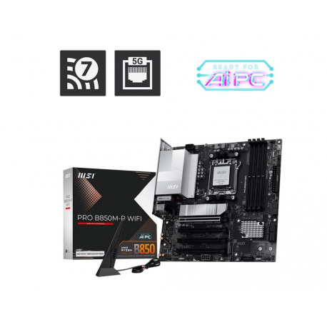 MSI PRO B850M-P WIFI - Motherboard - micro ATX - Socket AM5 - AMD B850 Chipset - USB 3.2 Gen 2, USB-C 3.2 Gen2, USB 3.2 Gen 1 - 5 Gigabit Ethernet, Wi-Fi 7, Bluetooth - onboard graphics (CPU required) - HD Audio (8-channel) - 0