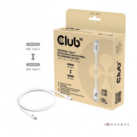 Club 3D - USB cable - 24 pin USB-C (M) to 24 pin USB-C (M) - USB4 / Thunderbolt 3 / Thunderbolt 4 / Thunderbolt 5 / DisplayPort 2.1 - 48 V - 5 A - 1.2 m - USB Power Delivery (240W), 16K60hz support, 4K540Hz support, 8K240Hz support - white - 0