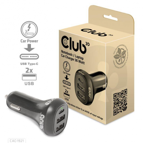 Club 3D CAC-1921 - Car power adapter - 12 - 24 V - 36 Watt - 0