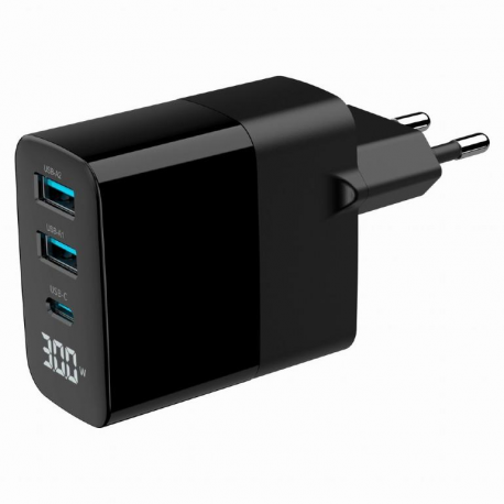 Gembird - Power adapter - GaN, LCD - 30 Watt - 3 A - PD, QC 3.0 - 3 output connectors (2 x 9 pin USB Type A, 24 pin USB-C) - black - 0