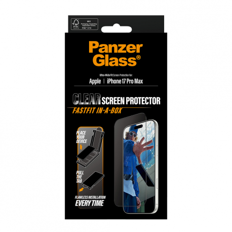 PanzerGlass - Screen protector for mobile phone - ultra-wide fit with FASTFIT IN-A-BOX - glass - frame colour black - for Apple iPhone 17 Pro Max - 2