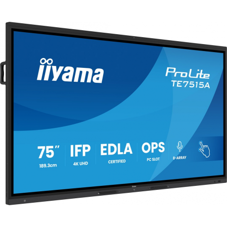 iiyama ProLite TE7515A-B1AG - 75" Diagonal Class (74.5" viewable) LED-backlit LCD display - interactive digital signage - with touchscreen (multi touch)  /  8-microphone array  /  optional slot-in PC capability - 4K UHD (2160p) 3840 x 2160 - black (bezel), matte finish - 0