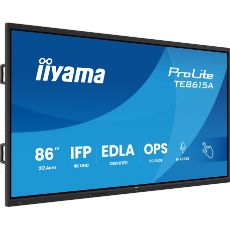 iiyama ProLite TE8615A-B1AG - 86" Diagonal Class (85.6" viewable) LED-backlit LCD display - interactive digital signage - with touchscreen (multi touch)  /  8-microphone array  /  optional slot-in PC capability - 4K UHD (2160p) 3840 x 2160 - black (bezel), matte finish - with iiyama WiFi module (OWM002) - 0
