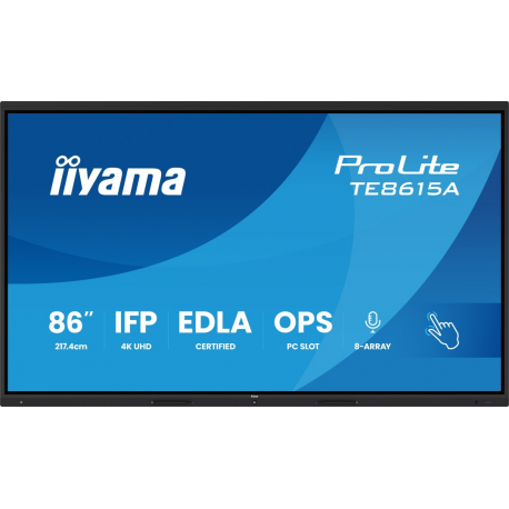 iiyama ProLite TE8615A-B1AG - 86" Diagonal Class (85.6" viewable) LED-backlit LCD display - interactive digital signage - with touchscreen (multi touch)  /  8-microphone array  /  optional slot-in PC capability - 4K UHD (2160p) 3840 x 2160 - black (bezel), matte finish - with iiyama WiFi module (OWM002) - 1