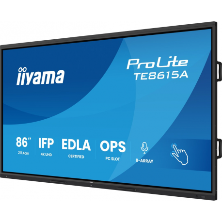 iiyama ProLite TE8615A-B1AG - 86" Diagonal Class (85.6" viewable) LED-backlit LCD display - interactive digital signage - with touchscreen (multi touch)  /  8-microphone array  /  optional slot-in PC capability - 4K UHD (2160p) 3840 x 2160 - black (bezel), matte finish - with iiyama WiFi module (OWM002) - 2