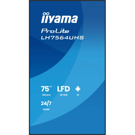 iiyama ProLite LH7564UHS-B1AG - 75" Diagonal Class (74.5" viewable) LED-backlit LCD display - digital signage - with built-in SoC media player - 4K UHD (2160p) 3840 x 2160 - black bezel with matte finish - 2