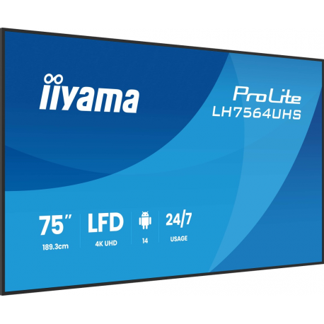 iiyama ProLite LH7564UHS-B1AG - 75" Diagonal Class (74.5" viewable) LED-backlit LCD display - digital signage - with built-in SoC media player - 4K UHD (2160p) 3840 x 2160 - black bezel with matte finish - 3