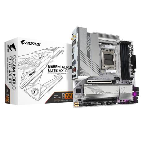 Gigabyte B650M AORUS ELITE AX ICE - Motherboard - micro ATX - Socket AM5 - AMD B650 Chipset - USB-C 3.2 Gen2, USB 3.2 Gen 2, USB 3.2 Gen 1, USB-C 3.2 Gen 2x2 - 2.5 Gigabit LAN, Wi-Fi 6E, Bluetooth - onboard graphics (CPU required) - HD Audio (8-channel) - 0