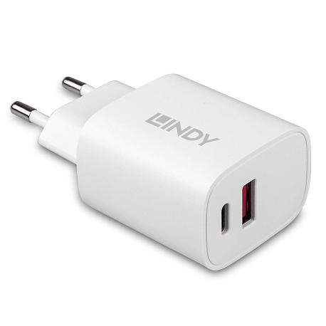 Lindy - Power adapter - 20 Watt - 3 A - PD 3.0 - 2 output connectors (USB, 24 pin USB-C) - white - 0