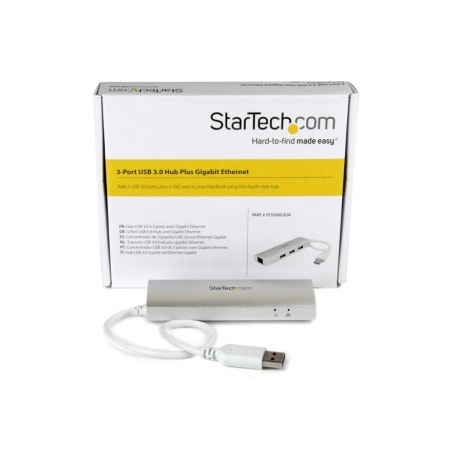 StarTech.com 3-Port USB 3.0 Hub with Gigabit Ethernet - Up to 5Gbps - Portable USB Port Expander with Built-in Cable (ST3300G3UA) - Hub - 3 x SuperSpeed USB 3.0 + 1 x 10 / 100 / 1000 - 7