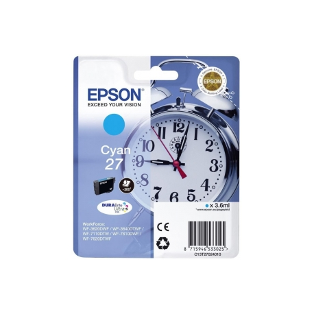 Epson 27 - 3.6 ml - cyan - original - ink cartridge - for WorkForce WF-3620, WF-3640, WF-7110, WF-7210, WF-7610, WF-7620, WF-7710, WF-7715, WF-7720 - 0
